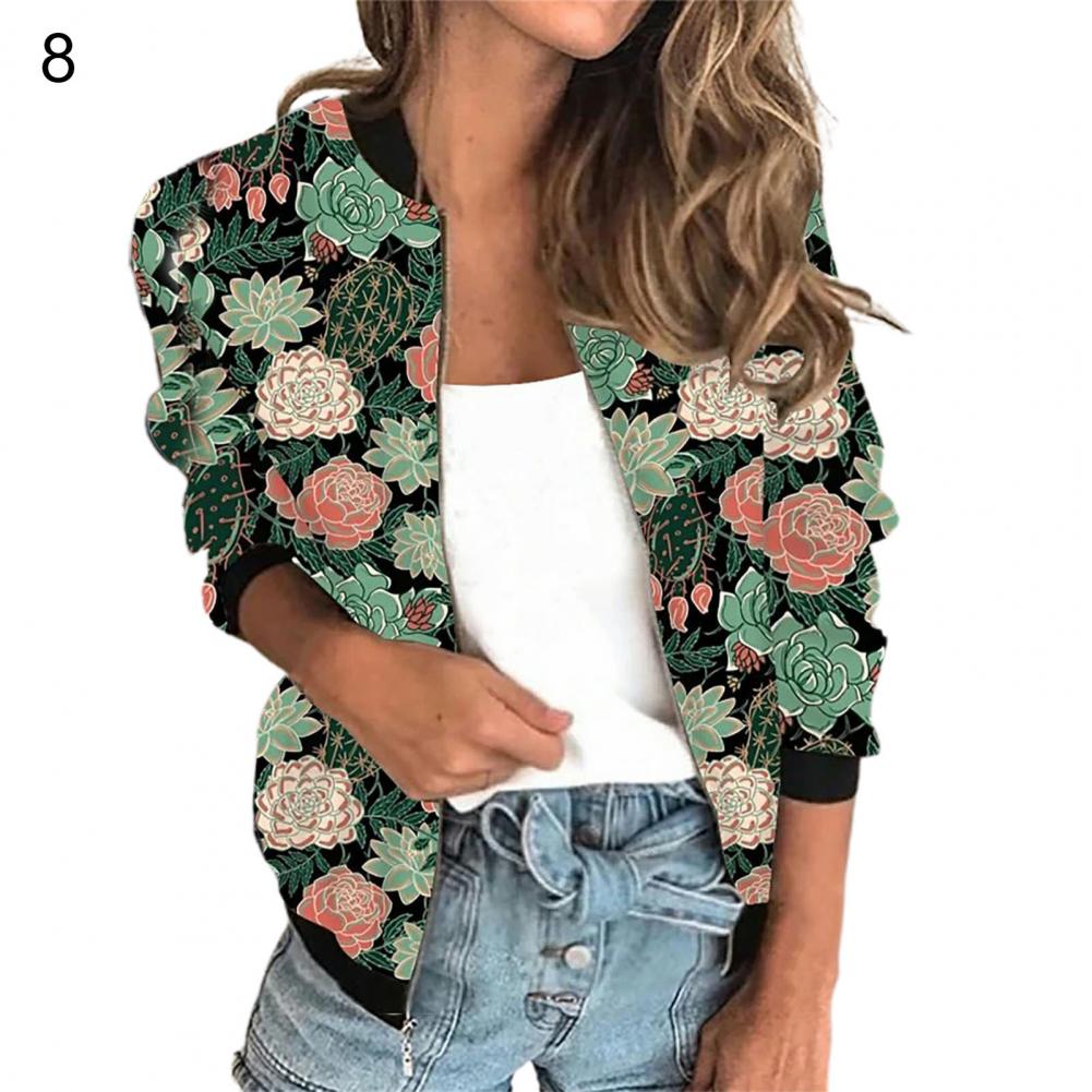 Graffiti Print Bomber Jacket Casual Zip Up Long Sleeve Outerwear Women's Floral Autumn Zipper Print Coat