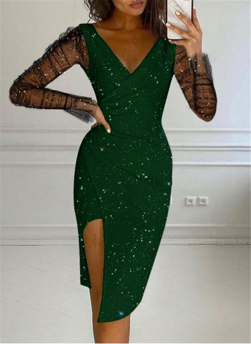 Plus Size Elegant Bodycon Dress V-Neck Split Detail Sheer Sleeves Sheer Mesh Bodycon Midi Dress High Slit Dress for Women Wedding