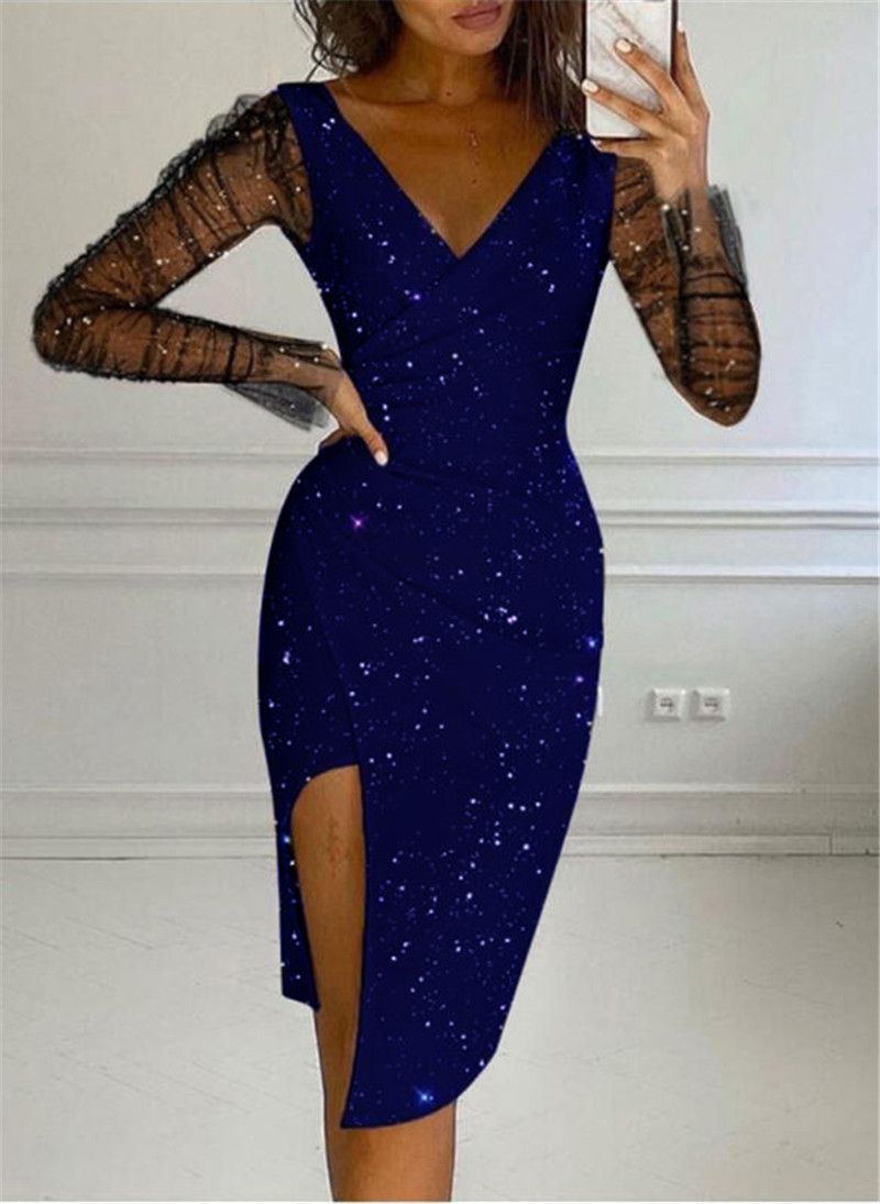 Plus Size Elegant Bodycon Dress V-Neck Split Detail Sheer Sleeves Sheer Mesh Bodycon Midi Dress High Slit Dress for Women Wedding