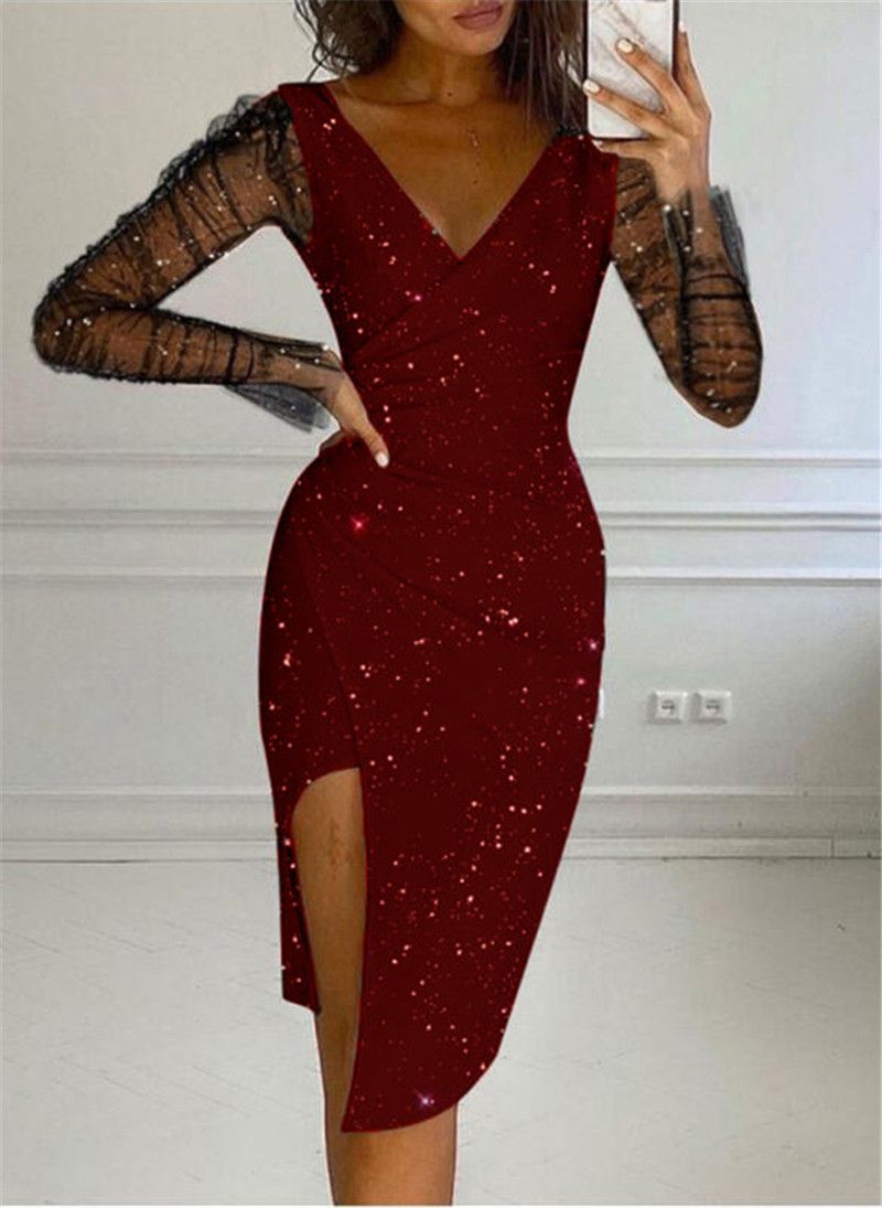 Plus Size Elegant Bodycon Dress V-Neck Split Detail Sheer Sleeves Sheer Mesh Bodycon Midi Dress High Slit Dress for Women Wedding