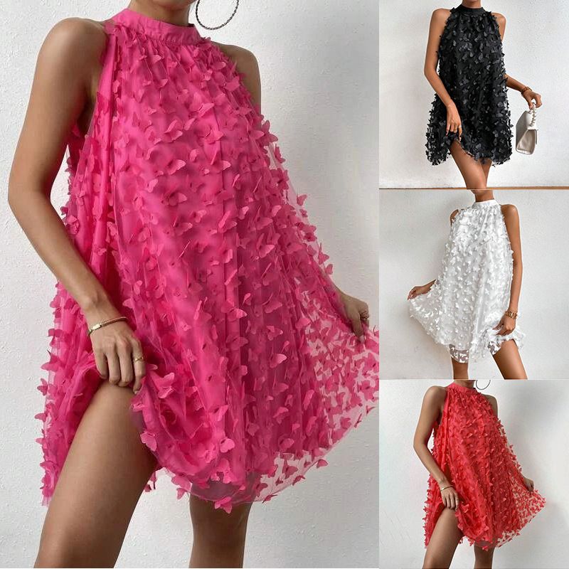 Butterfly Applique Mesh Overlay Choker Neck Dress Stylish Sleeveless Loose Mini Dress Women's Evening Dress