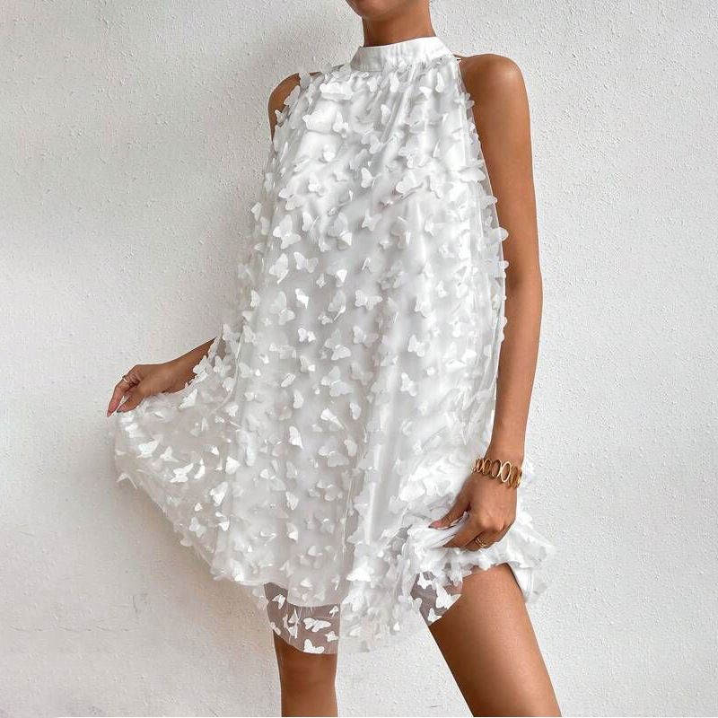 Butterfly Applique Mesh Overlay Choker Neck Dress Stylish Sleeveless Loose Mini Dress Women's Evening Dress