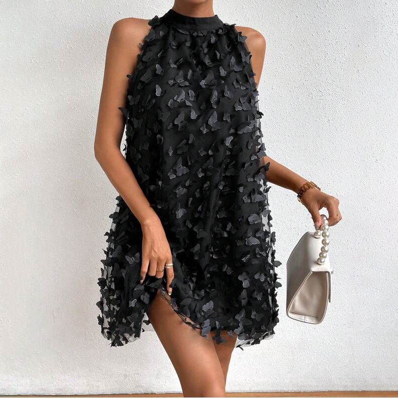 Butterfly Applique Mesh Overlay Choker Neck Dress Stylish Sleeveless Loose Mini Dress Women's Evening Dress