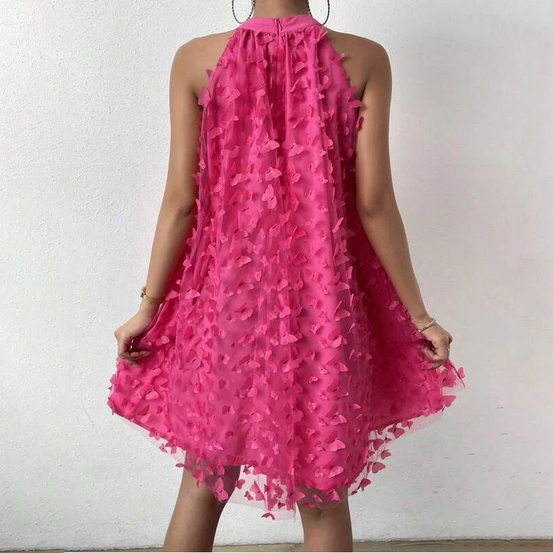 Butterfly Applique Mesh Overlay Choker Neck Dress Stylish Sleeveless Loose Mini Dress Women's Evening Dress