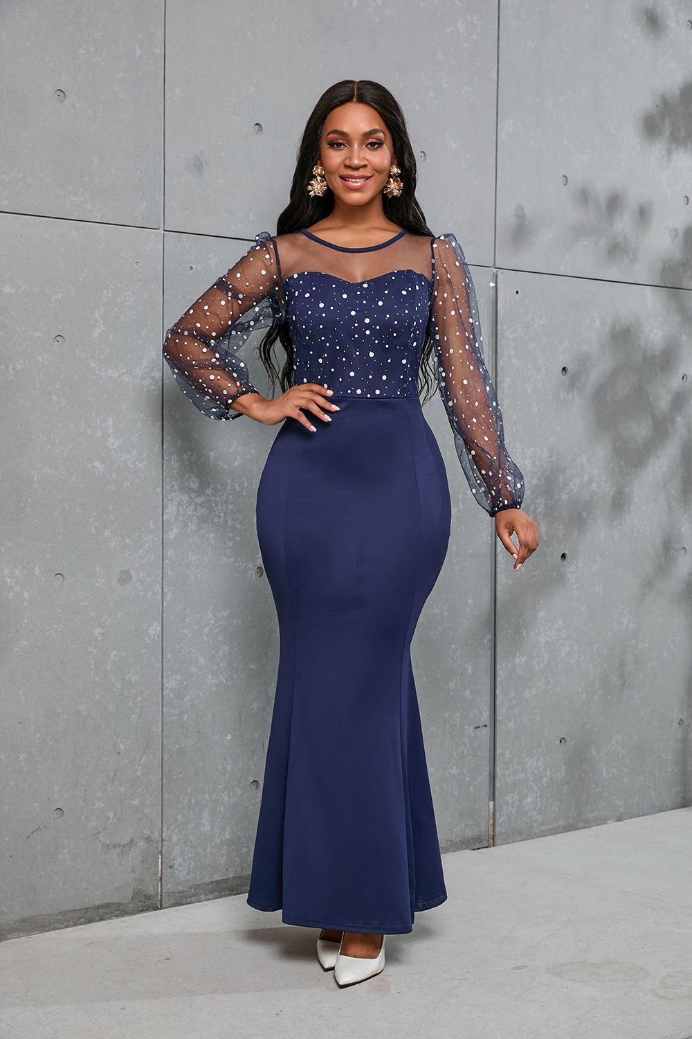 Fashion Bodycon Party Dresses Round Neck Mesh Stitching Dress Elegant Slim Long Sleeve Waist Maxi Dresses