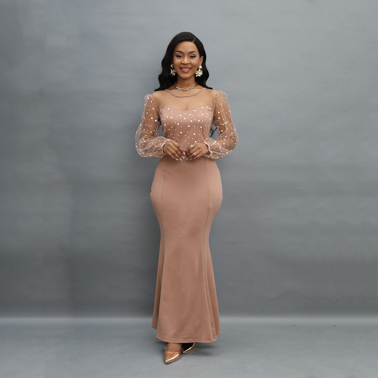 Fashion Bodycon Party Dresses Round Neck Mesh Stitching Dress Elegant Slim Long Sleeve Waist Maxi Dresses