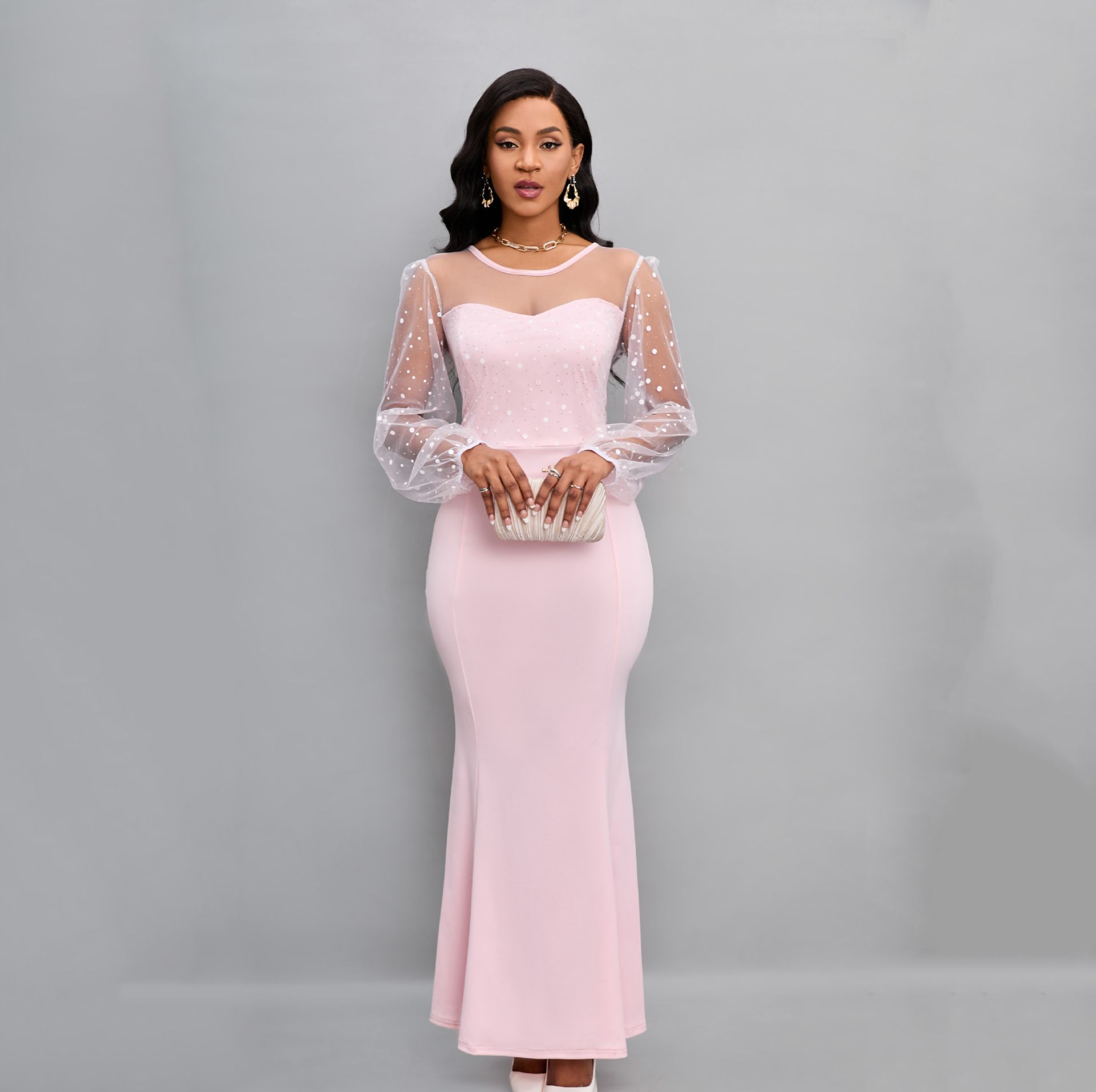 Fashion Bodycon Party Dresses Round Neck Mesh Stitching Dress Elegant Slim Long Sleeve Waist Maxi Dresses