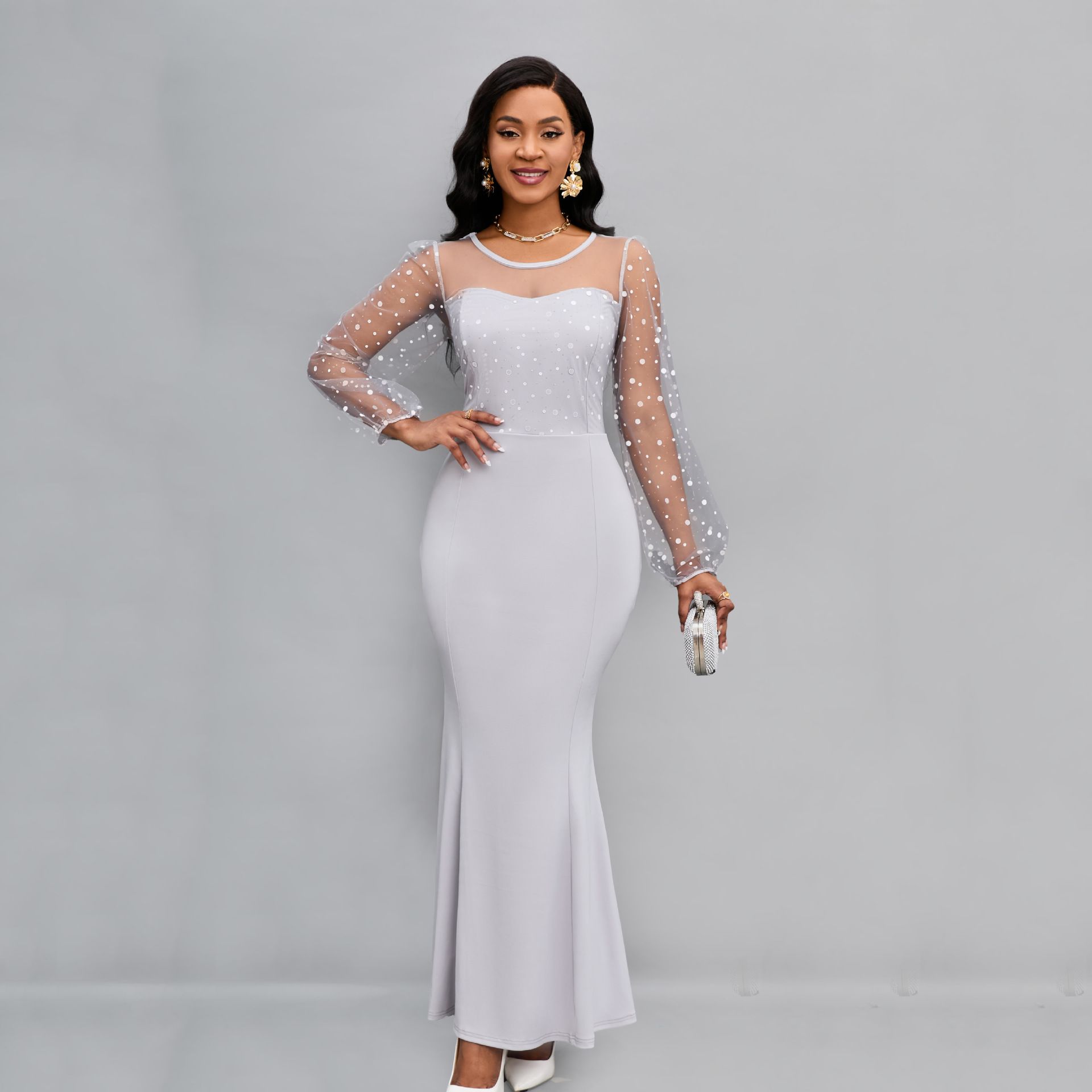 Fashion Bodycon Party Dresses Round Neck Mesh Stitching Dress Elegant Slim Long Sleeve Waist Maxi Dresses