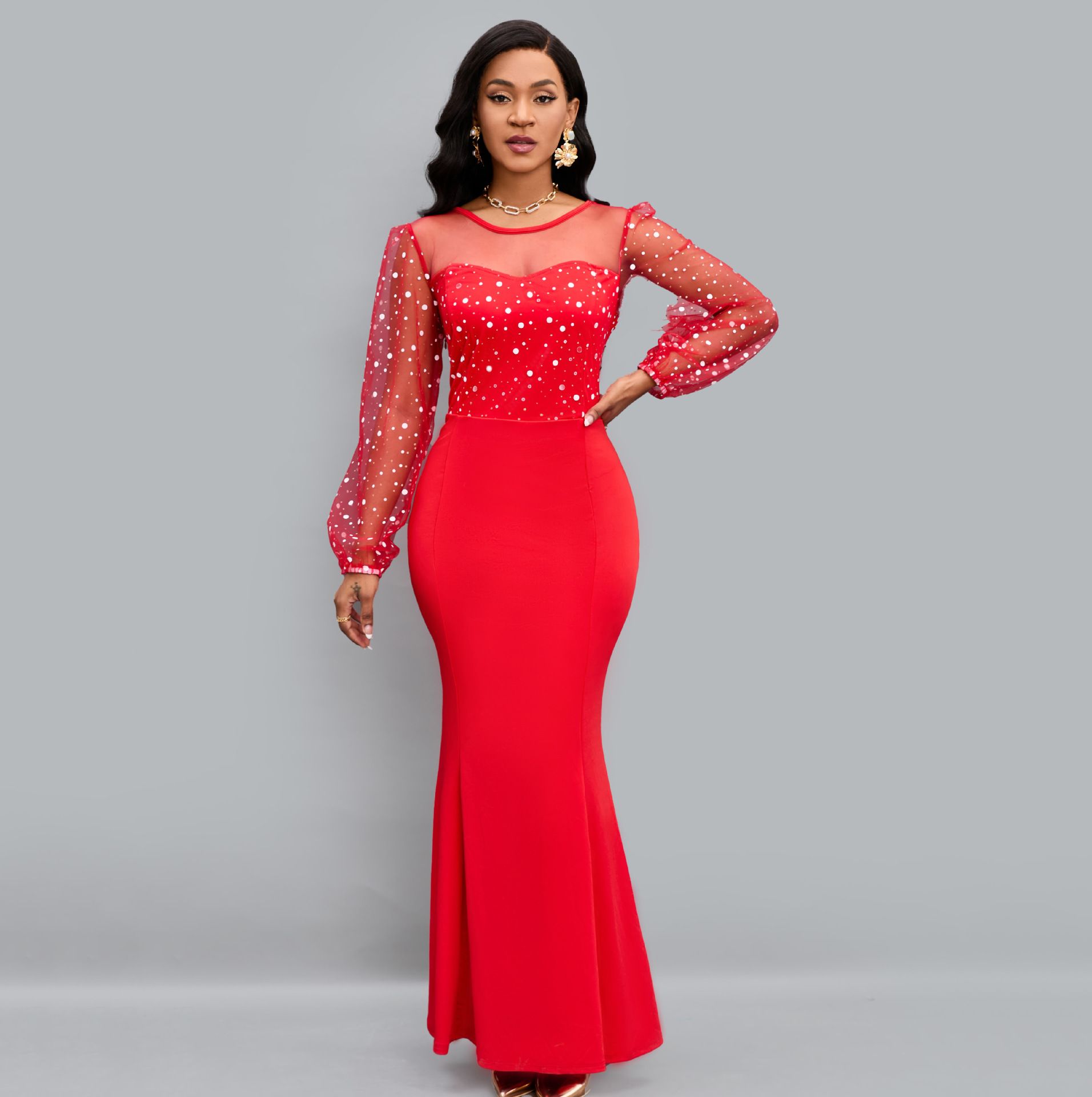 Fashion Bodycon Party Dresses Round Neck Mesh Stitching Dress Elegant Slim Long Sleeve Waist Maxi Dresses