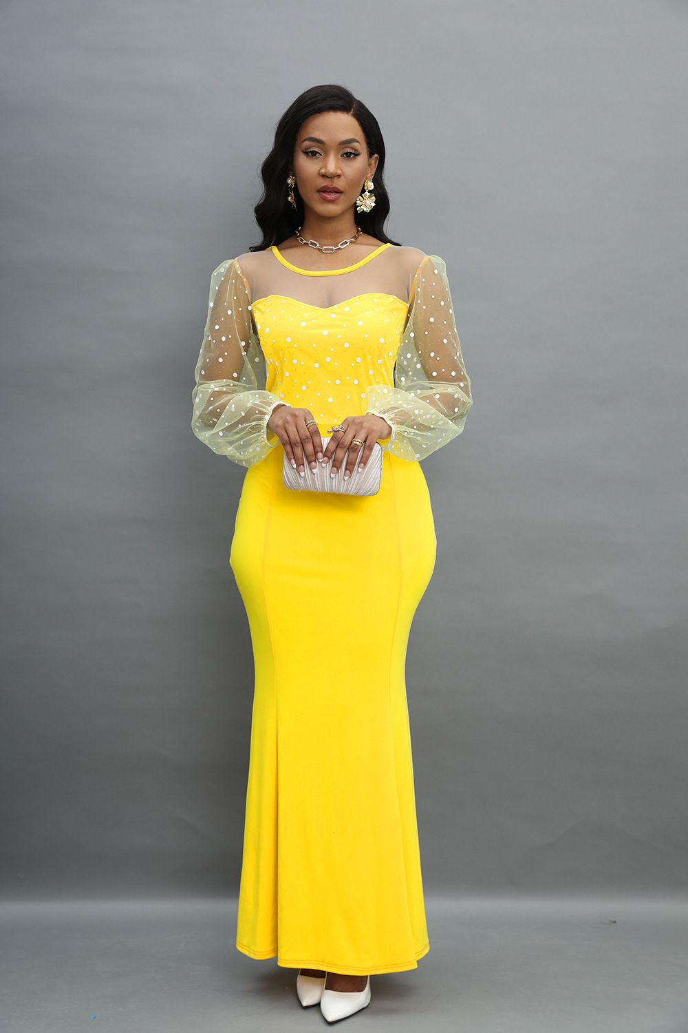 Fashion Bodycon Party Dresses Round Neck Mesh Stitching Dress Elegant Slim Long Sleeve Waist Maxi Dresses