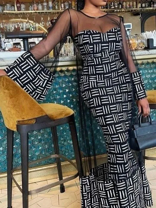 2 Piece Set Women Spring Summer Mesh Outfit See Through Flare Long Sleeve Dress Strapless Bodycon Fit Tube Dress Suit