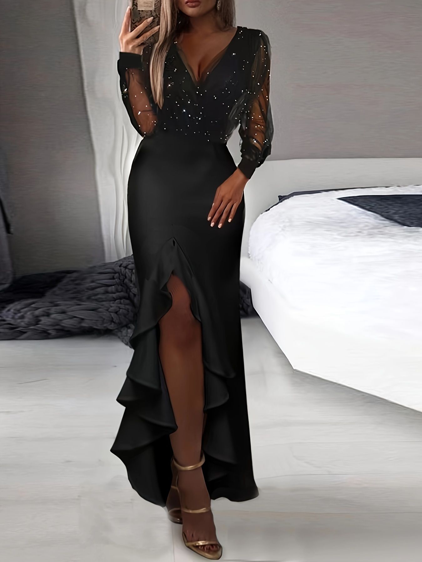 Shinny Sequin Party Dress Women Elegant Split Plunging Neck Fishtail Dress Black Mesh Fashion Evening Maxi Dresses