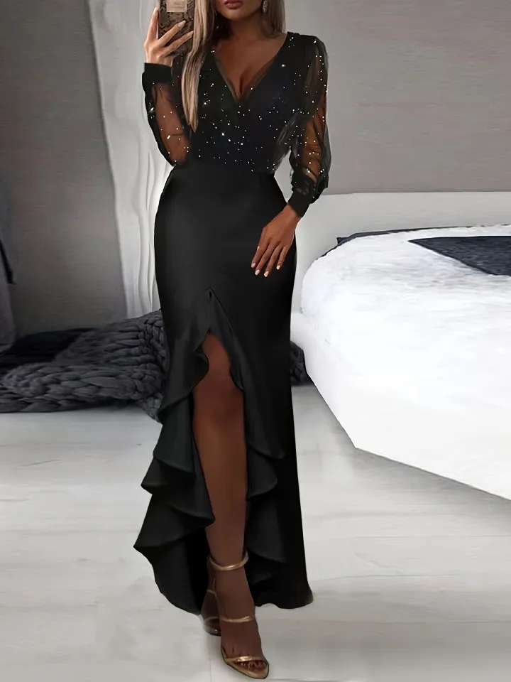 Shinny Sequin Party Dress Women Elegant Split Plunging Neck Fishtail Dress Black Mesh Fashion Evening Maxi Dresses