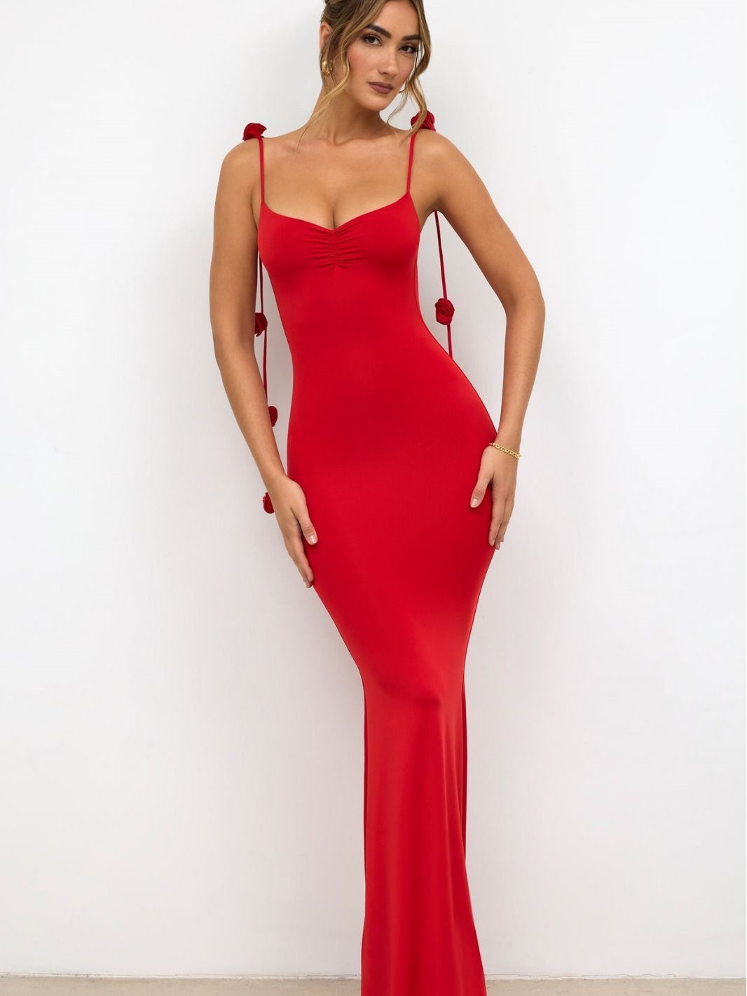 Women's Elegant Solid Maxi Sling Dress Sexy Mermaid Dress Lady Long Dresses Three-Dimensional Decoration Roses Lace-up Backless Party Dress