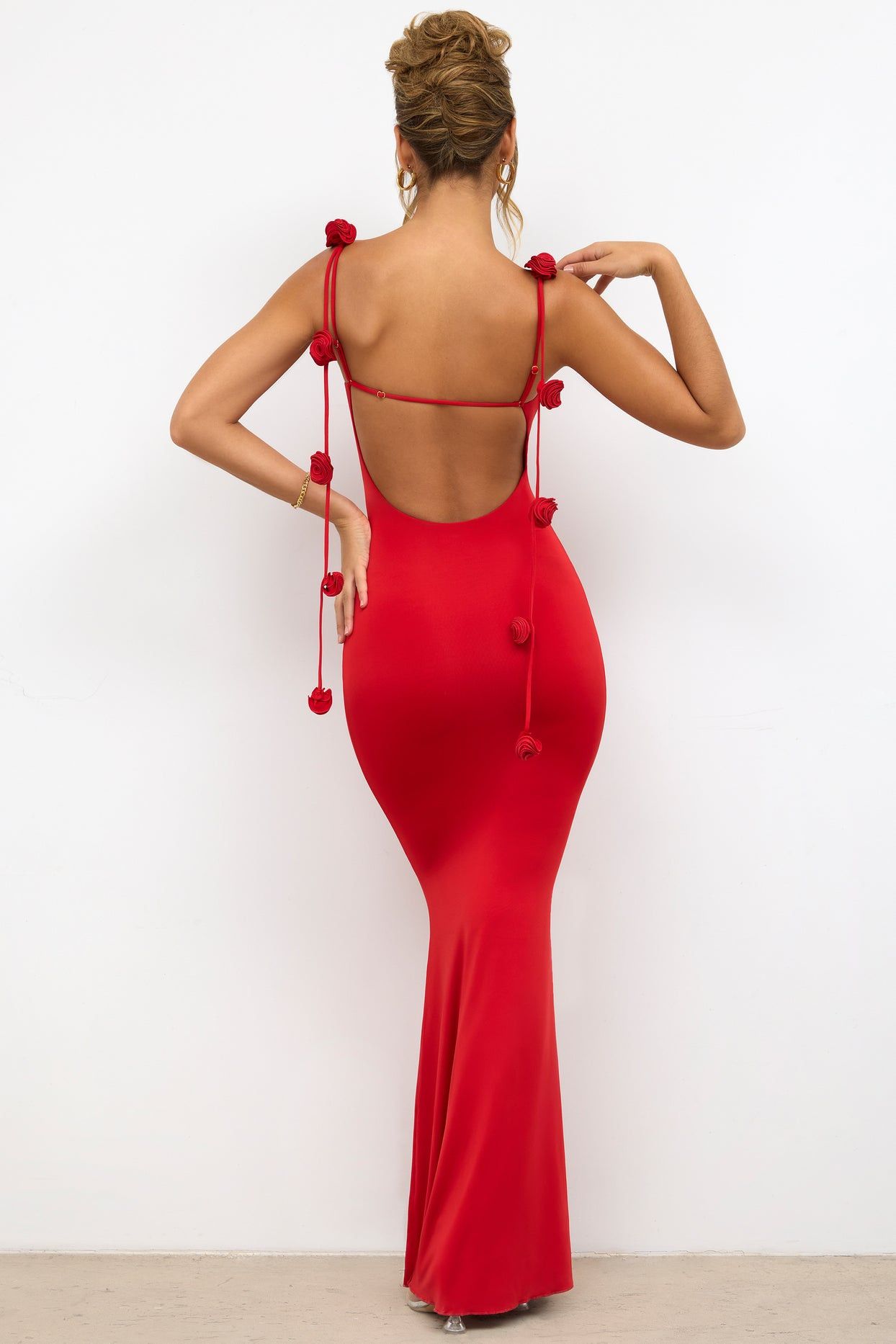 Women's Elegant Solid Maxi Sling Dress Sexy Mermaid Dress Lady Long Dresses Three-Dimensional Decoration Roses Lace-up Backless Party Dress