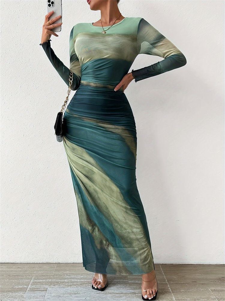 Tie Dye Pleated Dress Women Sexy Mesh See Through O Neck Long Sleeve Maxi Dresses Slim Bodycon Office Lady Party & Banquet Dress