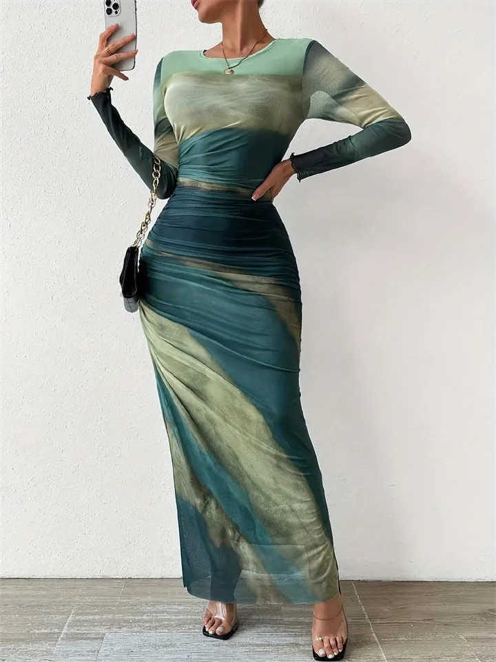 Tie Dye Pleated Dress Women Sexy Mesh See Through O Neck Long Sleeve Maxi Dresses Slim Bodycon Office Lady Party & Banquet Dress
