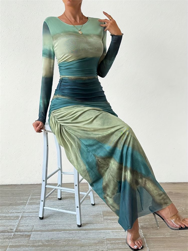 Tie Dye Pleated Dress Women Sexy Mesh See Through O Neck Long Sleeve Maxi Dresses Slim Bodycon Office Lady Party & Banquet Dress