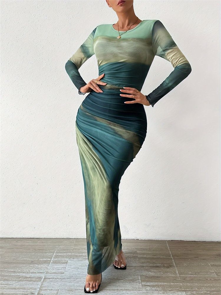 Tie Dye Pleated Dress Women Sexy Mesh See Through O Neck Long Sleeve Maxi Dresses Slim Bodycon Office Lady Party & Banquet Dress