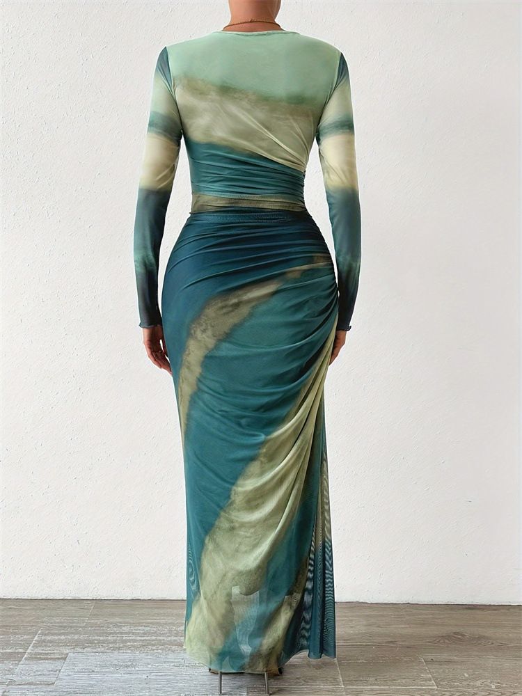 Tie Dye Pleated Dress Women Sexy Mesh See Through O Neck Long Sleeve Maxi Dresses Slim Bodycon Office Lady Party & Banquet Dress