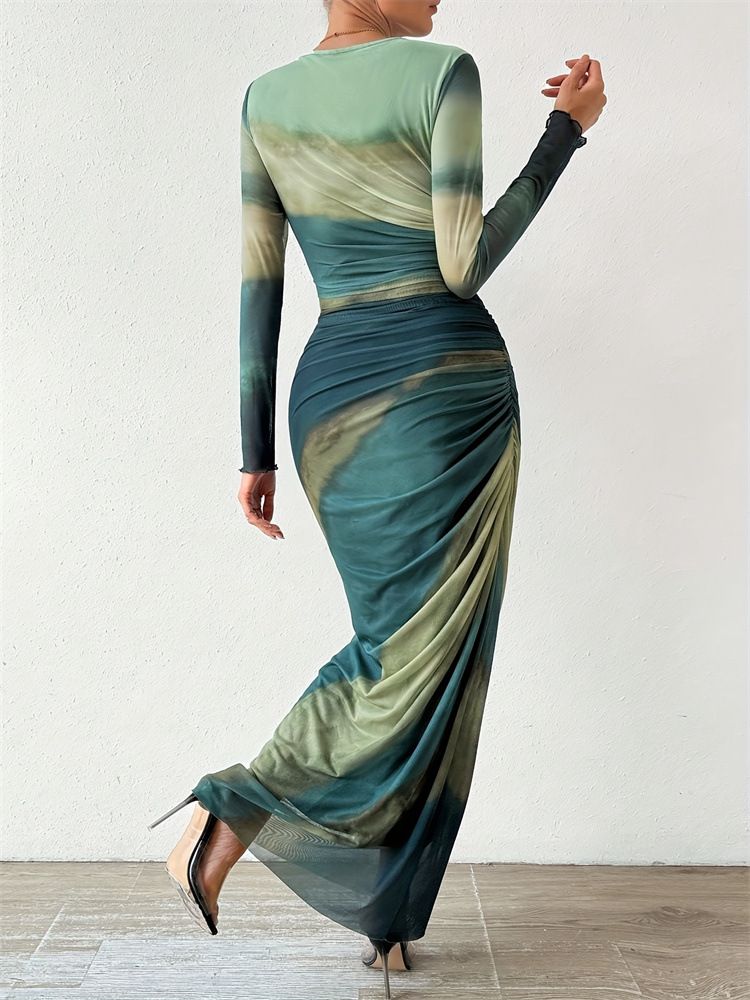 Tie Dye Pleated Dress Women Sexy Mesh See Through O Neck Long Sleeve Maxi Dresses Slim Bodycon Office Lady Party & Banquet Dress