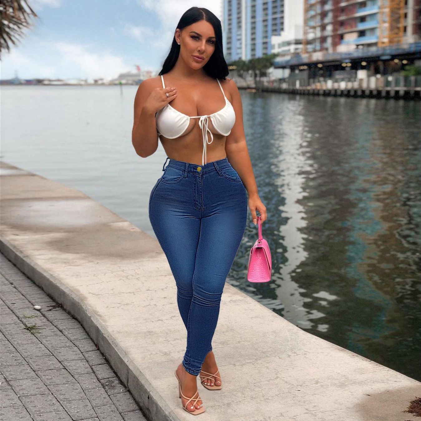 Women's High Waist Skinny Jeans Stretch Cotton Blend Denim Solid Color Button Detail Sexy All-season Pants