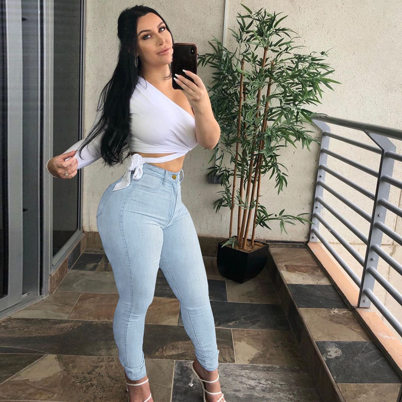 Women's High Waist Skinny Jeans Stretch Cotton Blend Denim Solid Color Button Detail Sexy All-season Pants