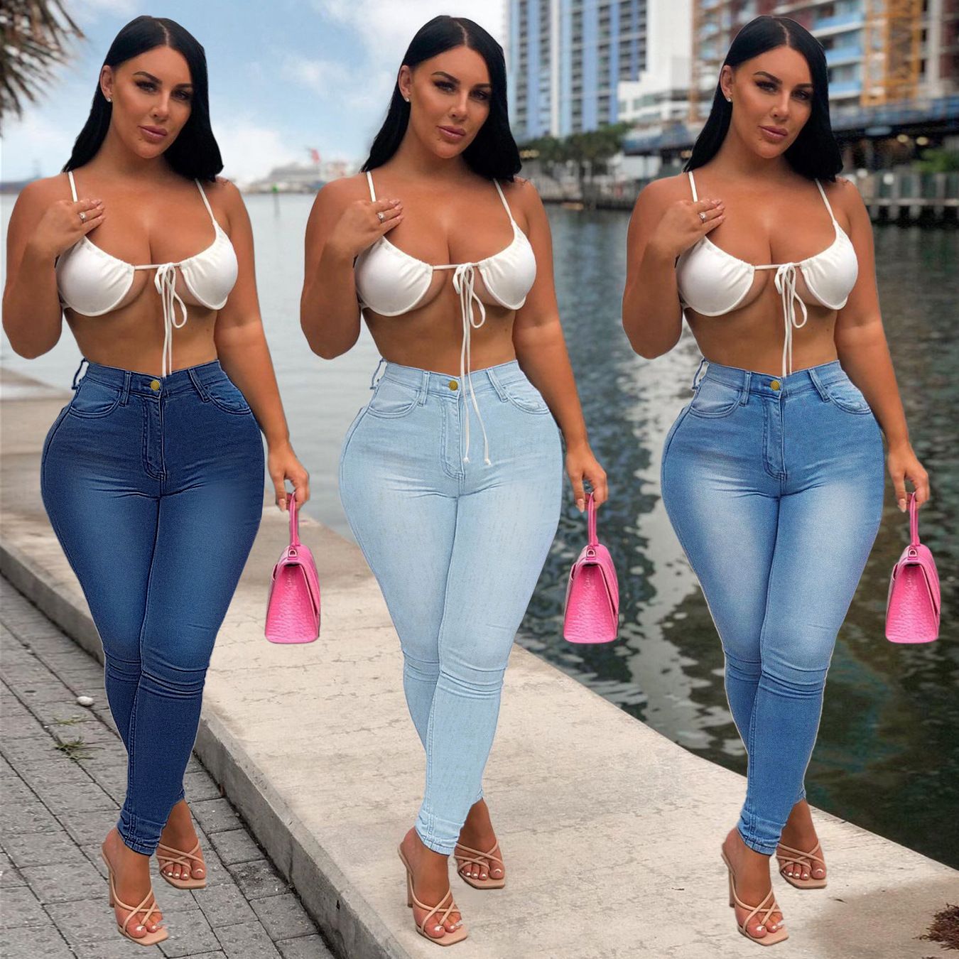 Women's High Waist Skinny Jeans Stretch Cotton Blend Denim Solid Color Button Detail Sexy All-season Pants