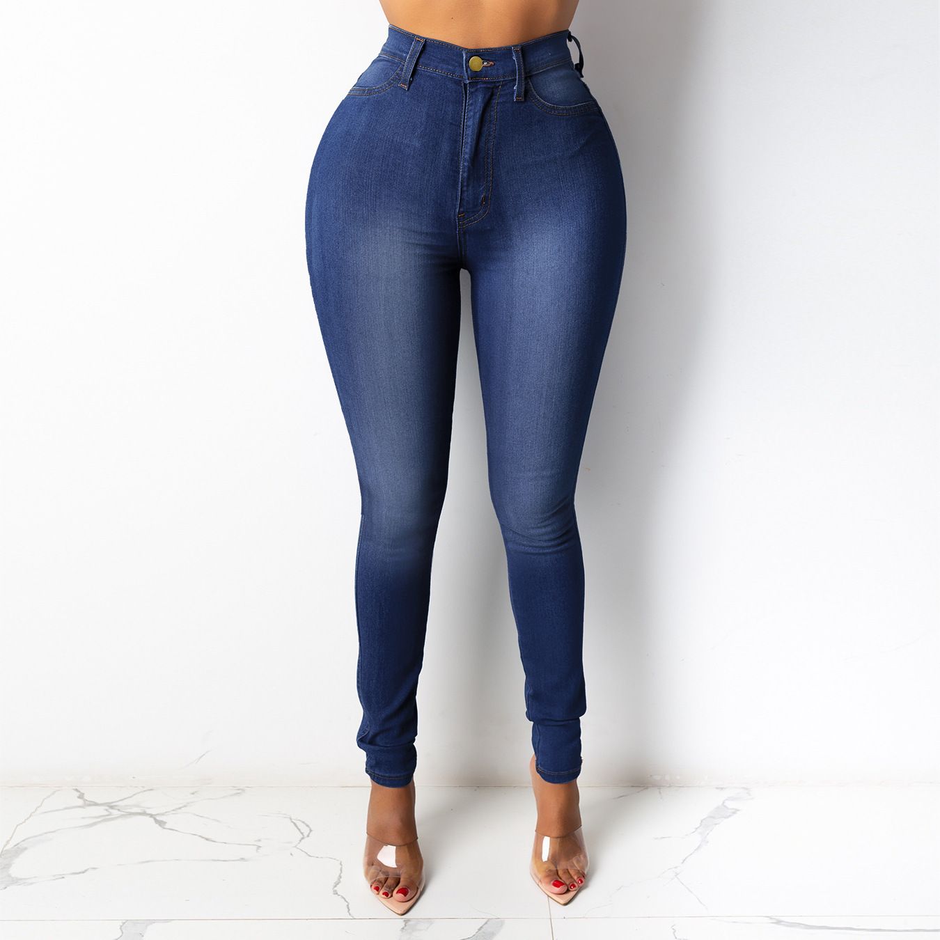 Women's High Waist Skinny Jeans Stretch Cotton Blend Denim Solid Color Button Detail Sexy All-season Pants