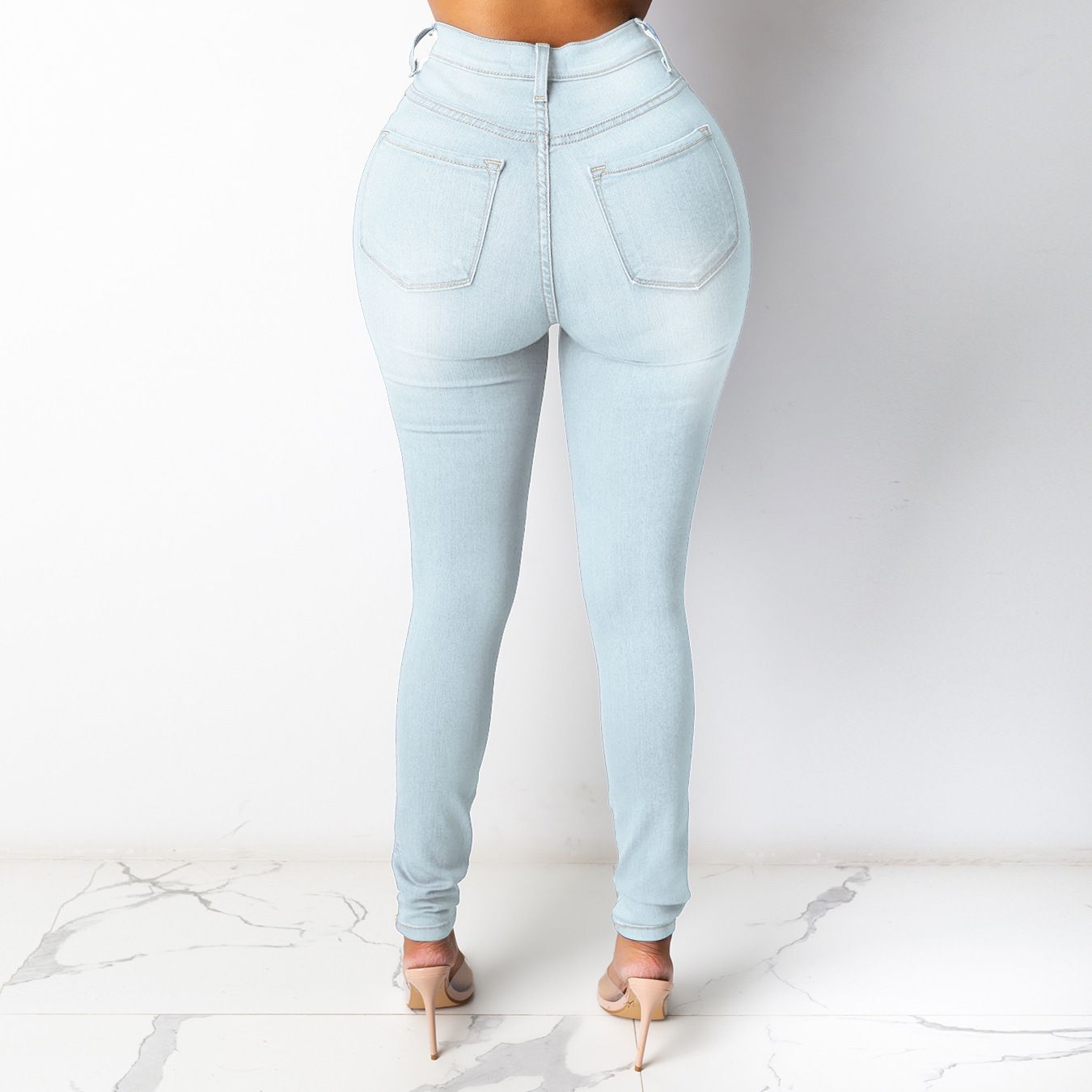 Women's High Waist Skinny Jeans Stretch Cotton Blend Denim Solid Color Button Detail Sexy All-season Pants