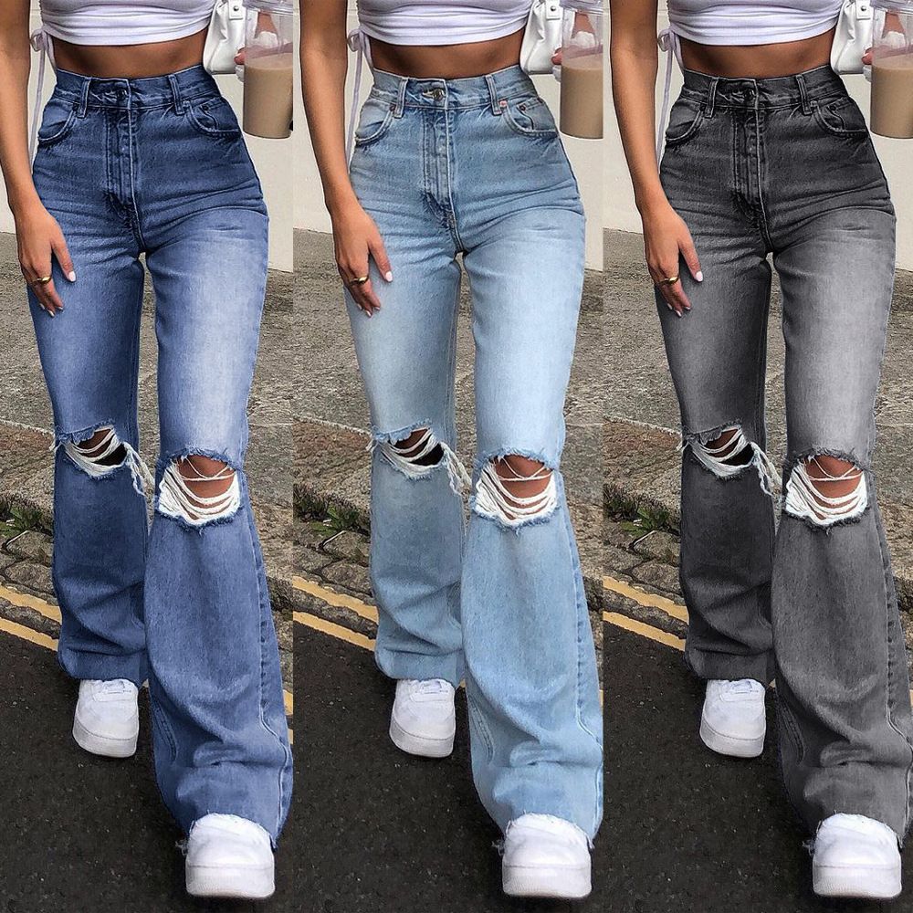Skinny Jeans Plain Pipped Holes Flare Jeans Women‘s’ Denim Trousers Streetwear Slash Pockets Distressed High Rise Denim Pants Y2k Pants