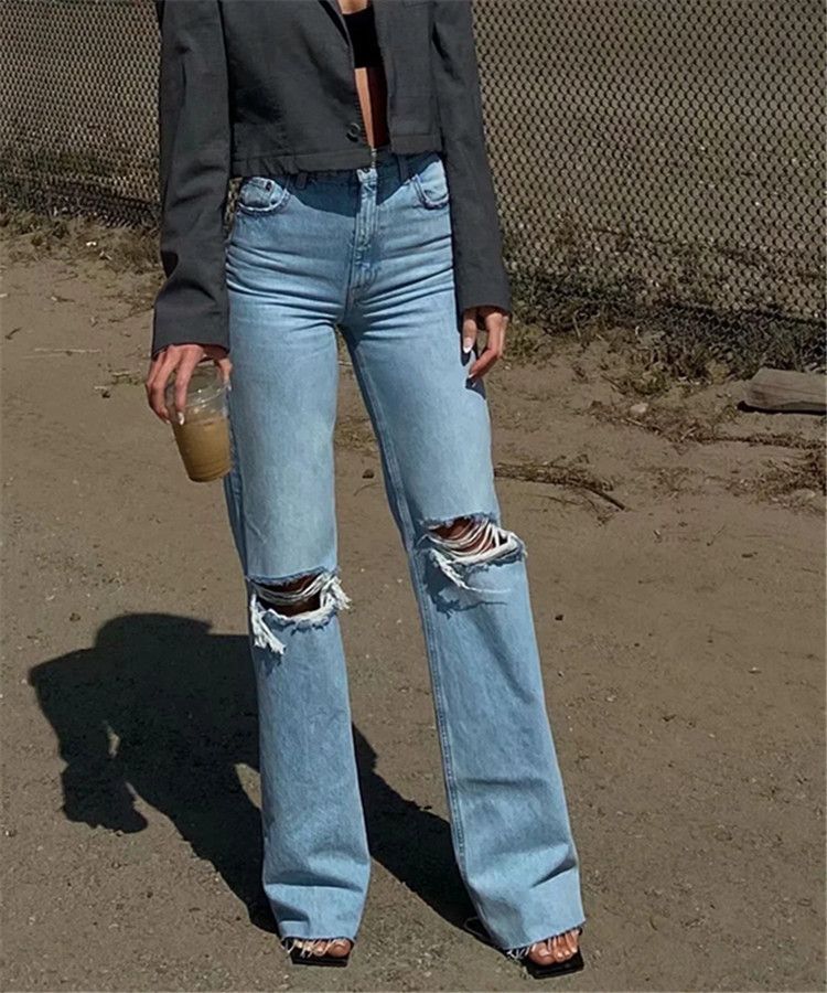Skinny Jeans Plain Pipped Holes Flare Jeans Women‘s’ Denim Trousers Streetwear Slash Pockets Distressed High Rise Denim Pants Y2k Pants