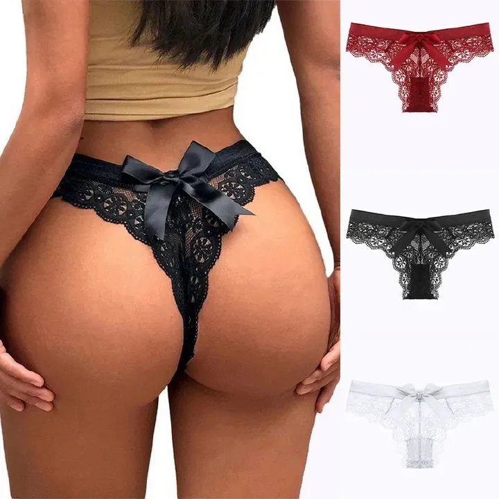 3pcs Bow Accent Lace Thong Panties Sheer Medium Stretch Low Waist Panties Women's Sexy Lingerie Panties
