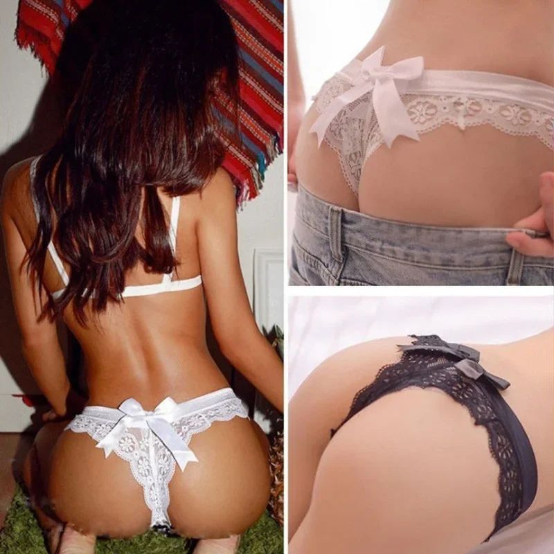 3pcs Bow Accent Lace Thong Panties Sheer Medium Stretch Low Waist Panties Women's Sexy Lingerie Panties