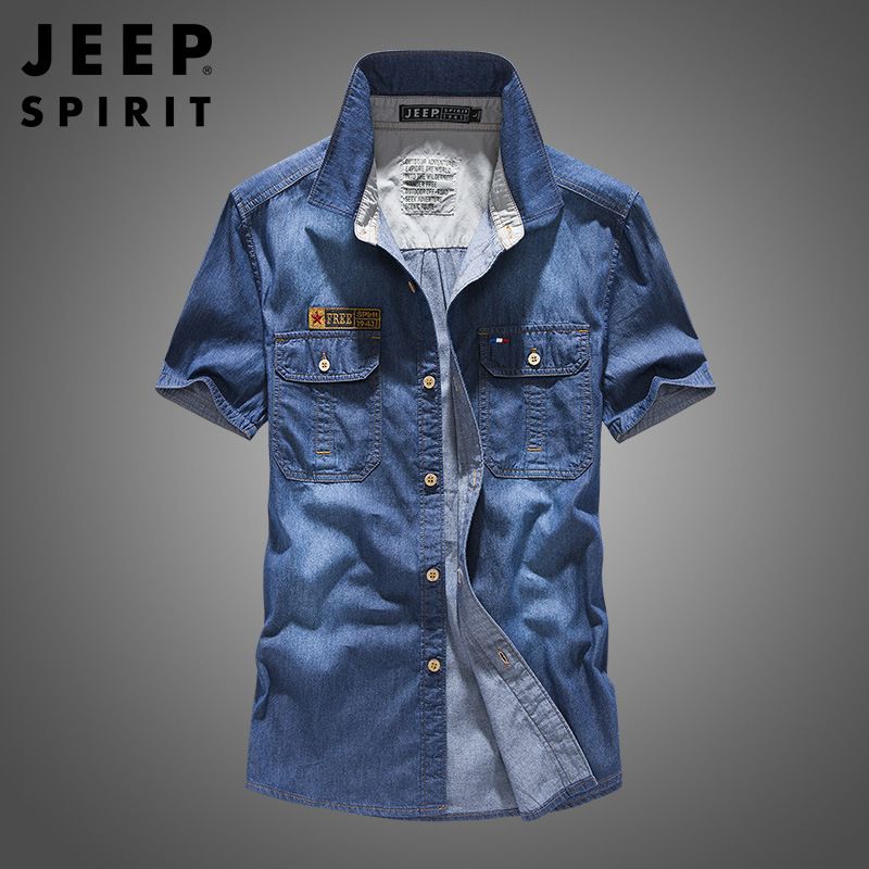 JEEP SPIRIT Men Denim Short Sleeve Shirt Fashion T-shirt Casual Cotton Cardigan Top Men clothing