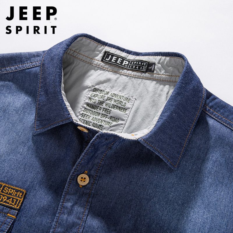 JEEP SPIRIT Men Denim Short Sleeve Shirt Fashion T-shirt Casual Cotton Cardigan Top Men clothing