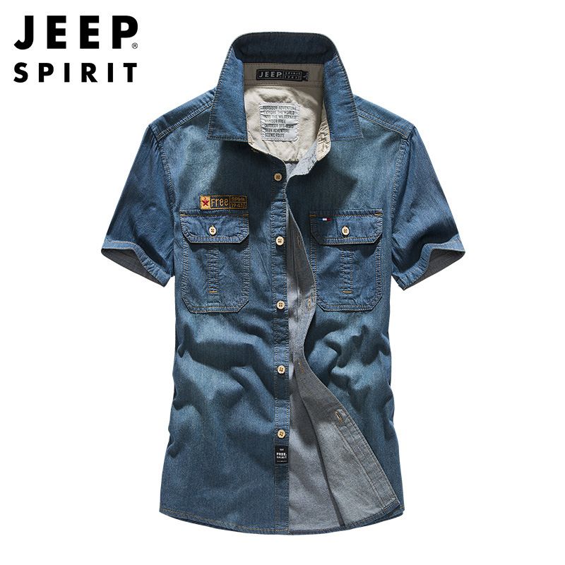 JEEP SPIRIT Men Denim Short Sleeve Shirt Fashion T-shirt Casual Cotton Cardigan Top Men clothing