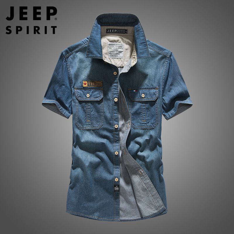 JEEP SPIRIT Men Denim Short Sleeve Shirt Fashion T-shirt Casual Cotton Cardigan Top Men clothing
