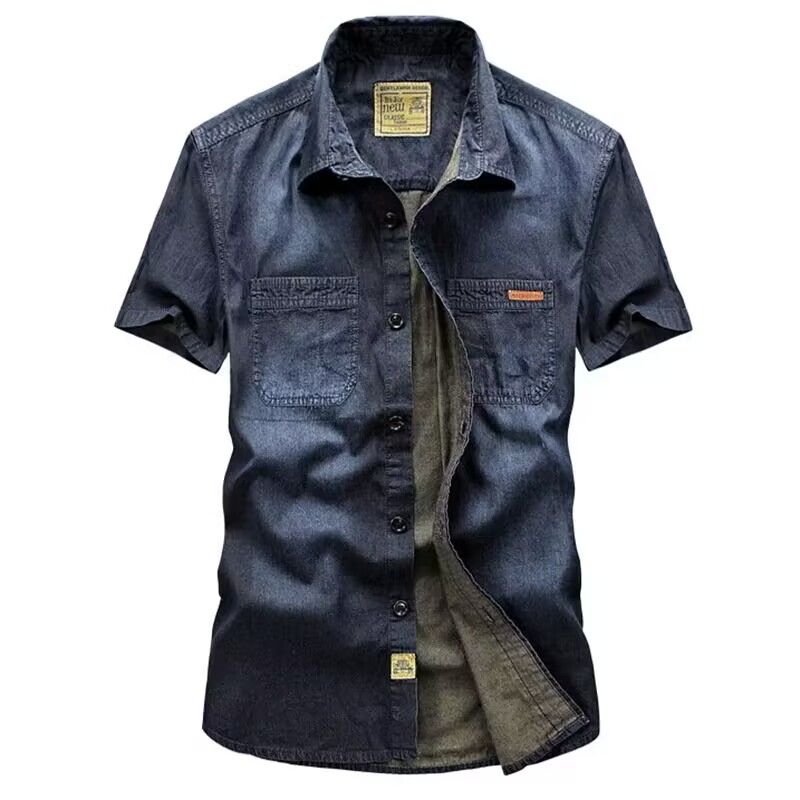 New Summer Youth Handsome Denim Short Sleeve Shirt Jeans Shirt Thin Large Men's Solid Color Simple Casual Versatile Shirt T-Shirts