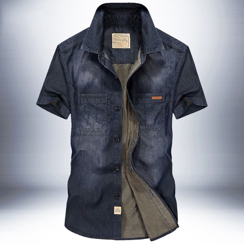 New Summer Youth Handsome Denim Short Sleeve Shirt Jeans Shirt Thin Large Men's Solid Color Simple Casual Versatile Shirt T-Shirts
