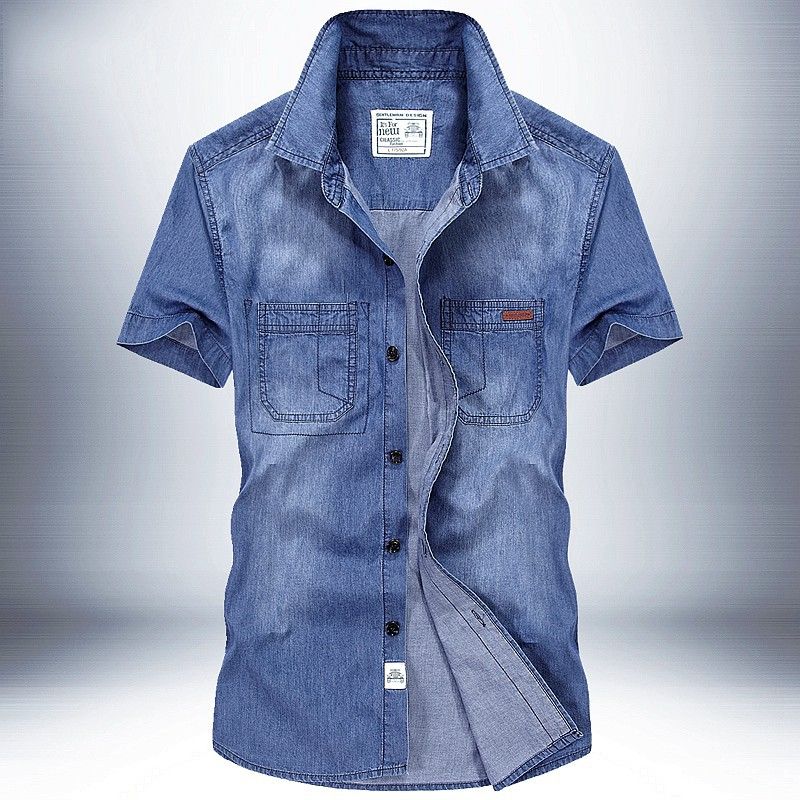 New Summer Youth Handsome Denim Short Sleeve Shirt Jeans Shirt Thin Large Men's Solid Color Simple Casual Versatile Shirt T-Shirts