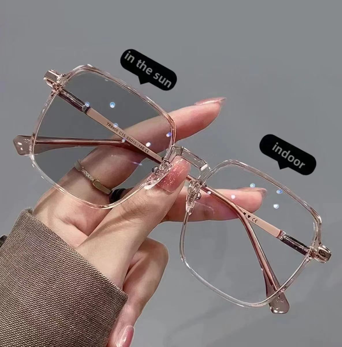 New Trendy Glasses Outdoor Color Changing Glasses Women Eyewear Frame Glasses Luxury Square Men Fashion Eyewear Tea