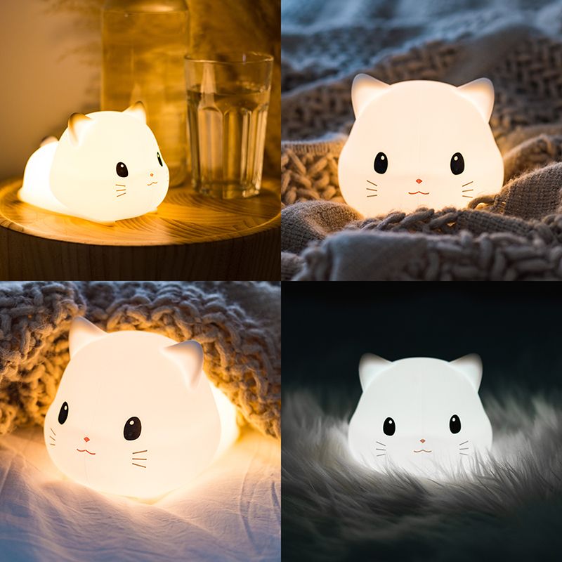 LED Kids Night Light, Cute Cat Soft Silicone Baby Nursery Lamp-USB Rechargeable, Timing Function