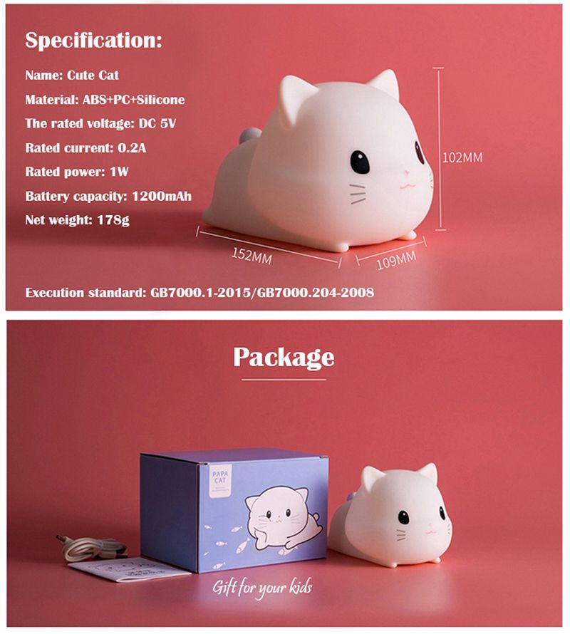 LED Kids Night Light, Cute Cat Soft Silicone Baby Nursery Lamp-USB Rechargeable, Timing Function