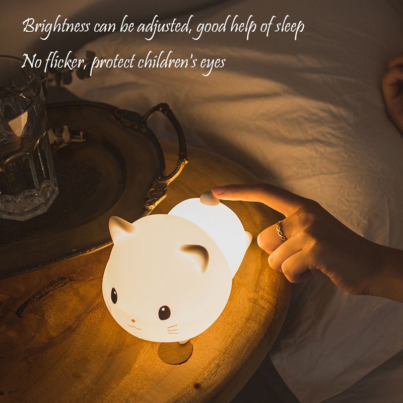 LED Kids Night Light, Cute Cat Soft Silicone Baby Nursery Lamp-USB Rechargeable, Timing Function