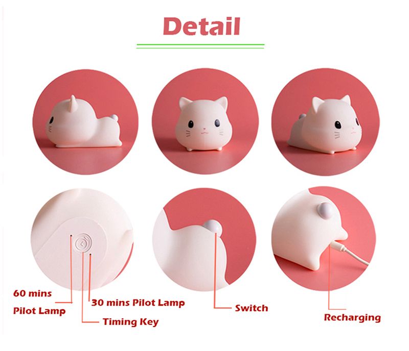 LED Kids Night Light, Cute Cat Soft Silicone Baby Nursery Lamp-USB Rechargeable, Timing Function