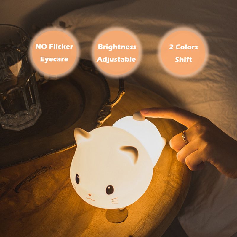 LED Kids Night Light, Cute Cat Soft Silicone Baby Nursery Lamp-USB Rechargeable, Timing Function