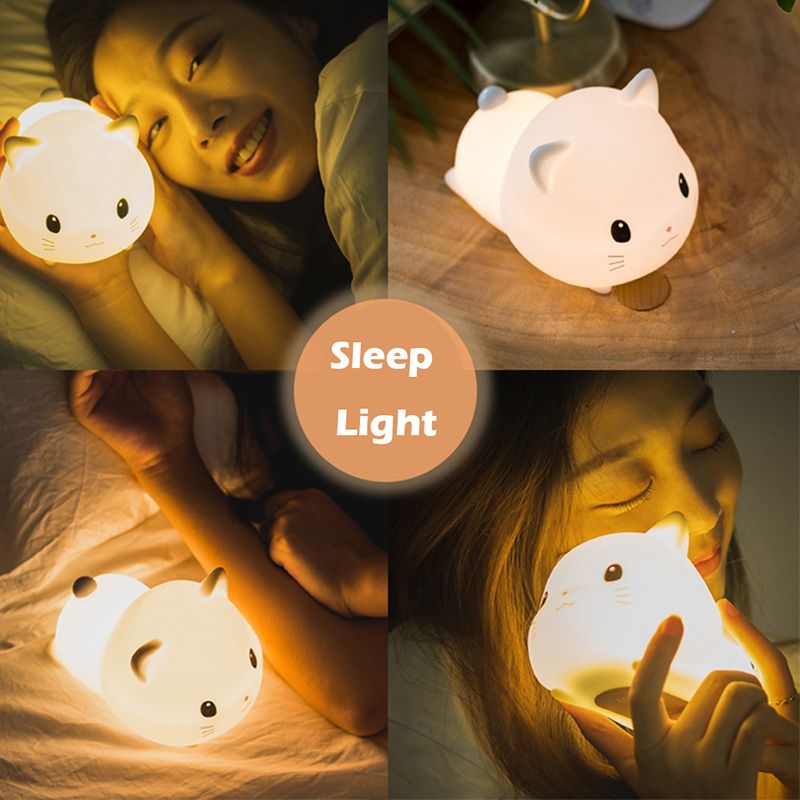LED Kids Night Light, Cute Cat Soft Silicone Baby Nursery Lamp-USB Rechargeable, Timing Function