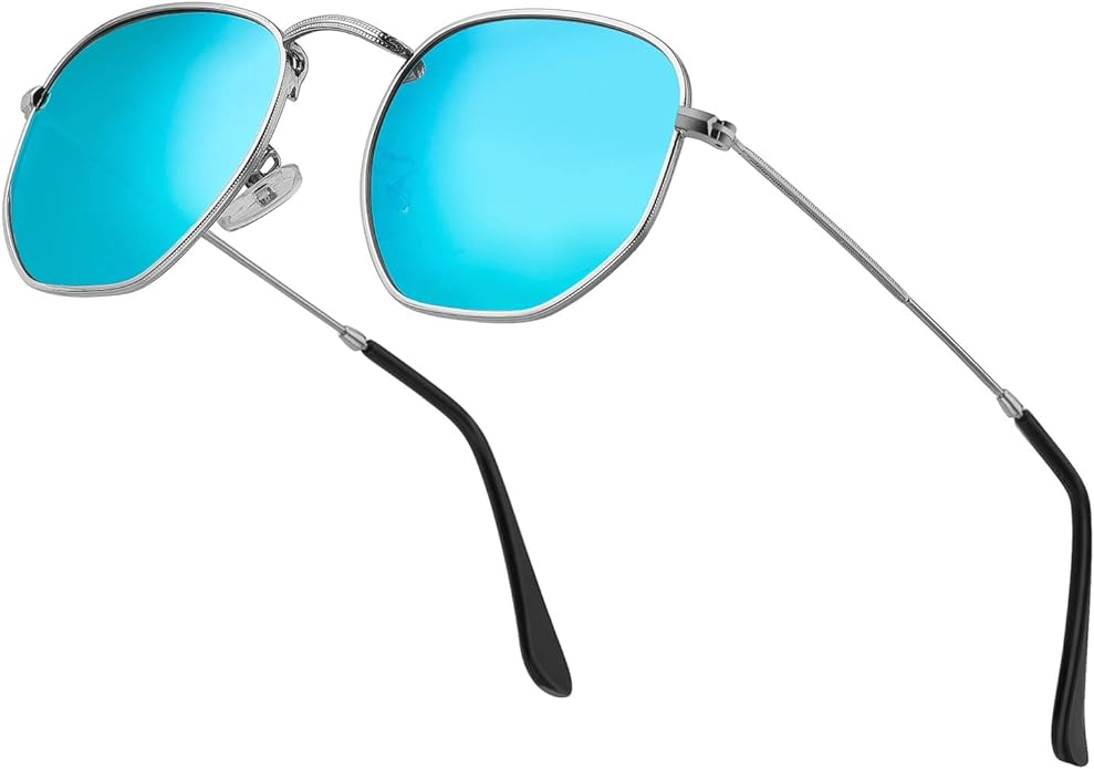 Sunglasses for Women and Men, Polarized Square UV Protection, Trendy Metal Frame Hexagon Sunglasses