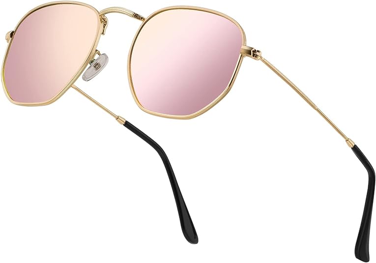 Sunglasses for Women and Men, Polarized Square UV Protection, Trendy Metal Frame Hexagon Sunglasses